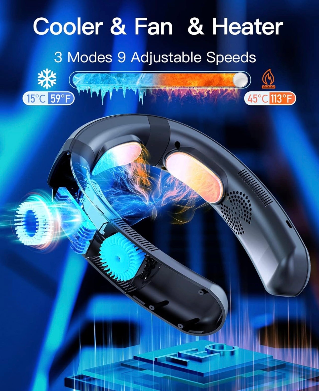 Neck Air Conditioner, Portable 5 Turbo 3 Cooling Plates Neck Fan, 3D Airflow Cooling & 6000 mAh Neck Air Conditioner, 3 Modes 9 Levels Cooler & Heater (02 Black)