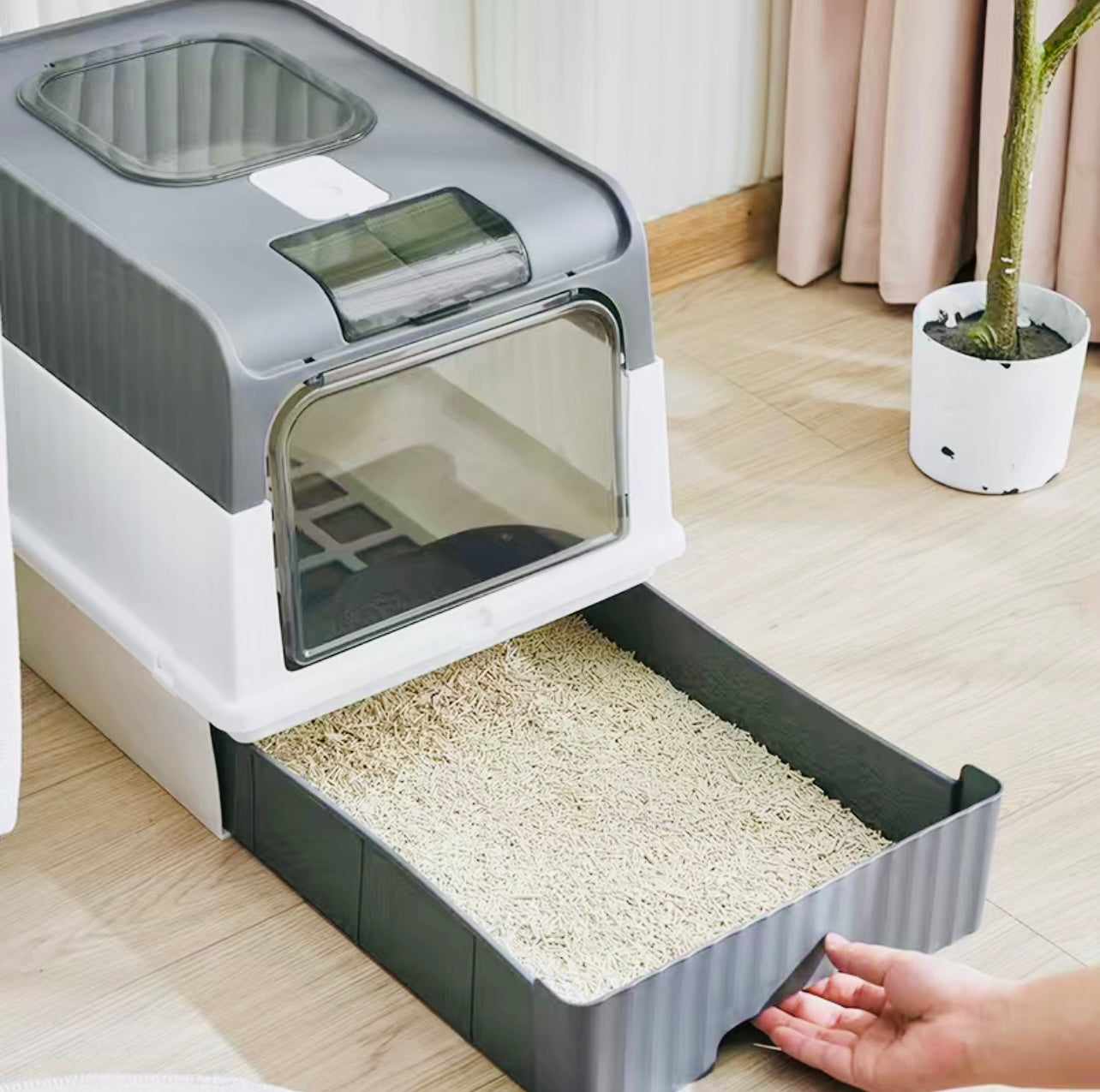 Cat litter drawer with foldable cover and plastic scoop
