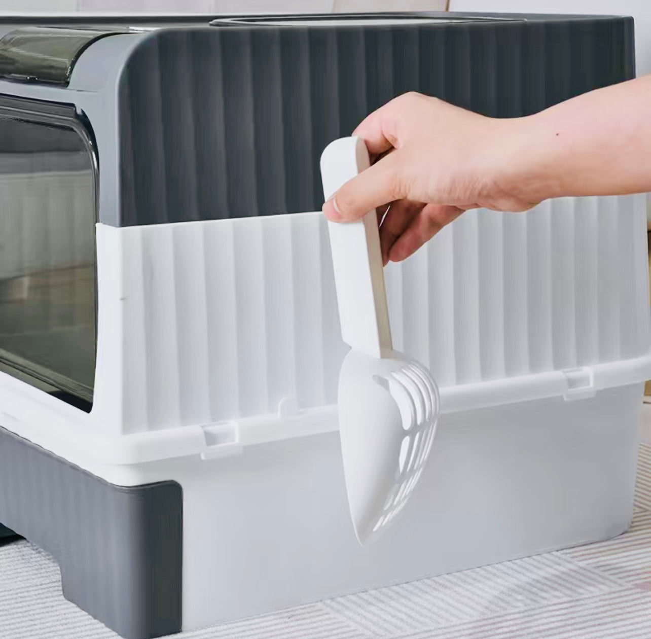 Cat litter drawer with foldable cover and plastic scoop