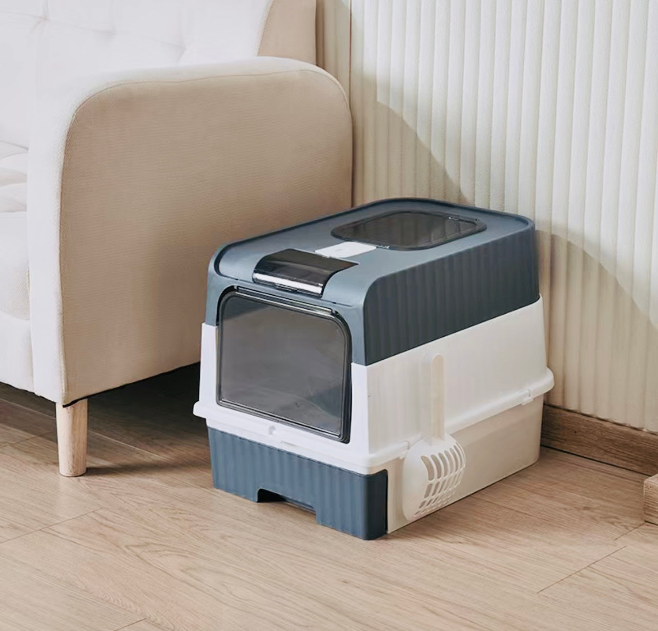 Cat litter drawer with foldable cover and plastic scoop