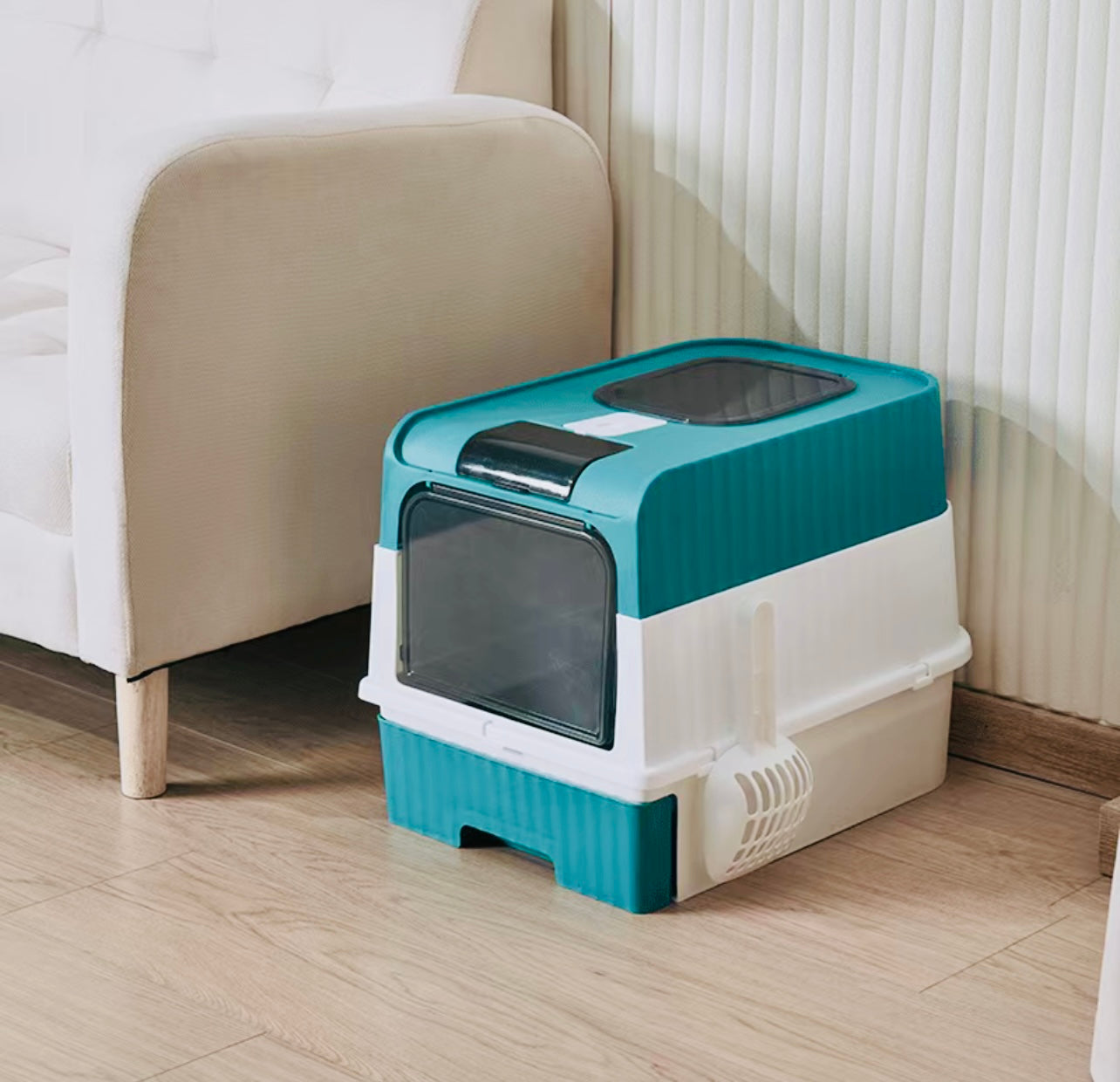 Cat litter drawer with foldable cover and plastic scoop
