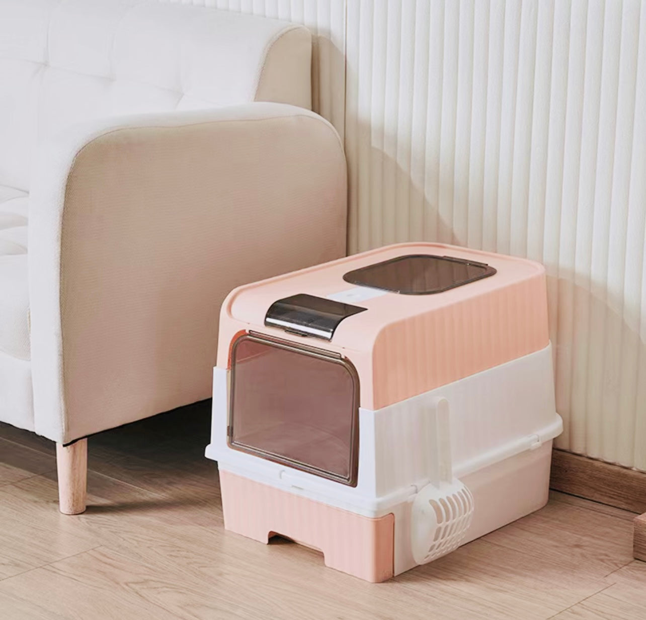 Cat litter drawer with foldable cover and plastic scoop