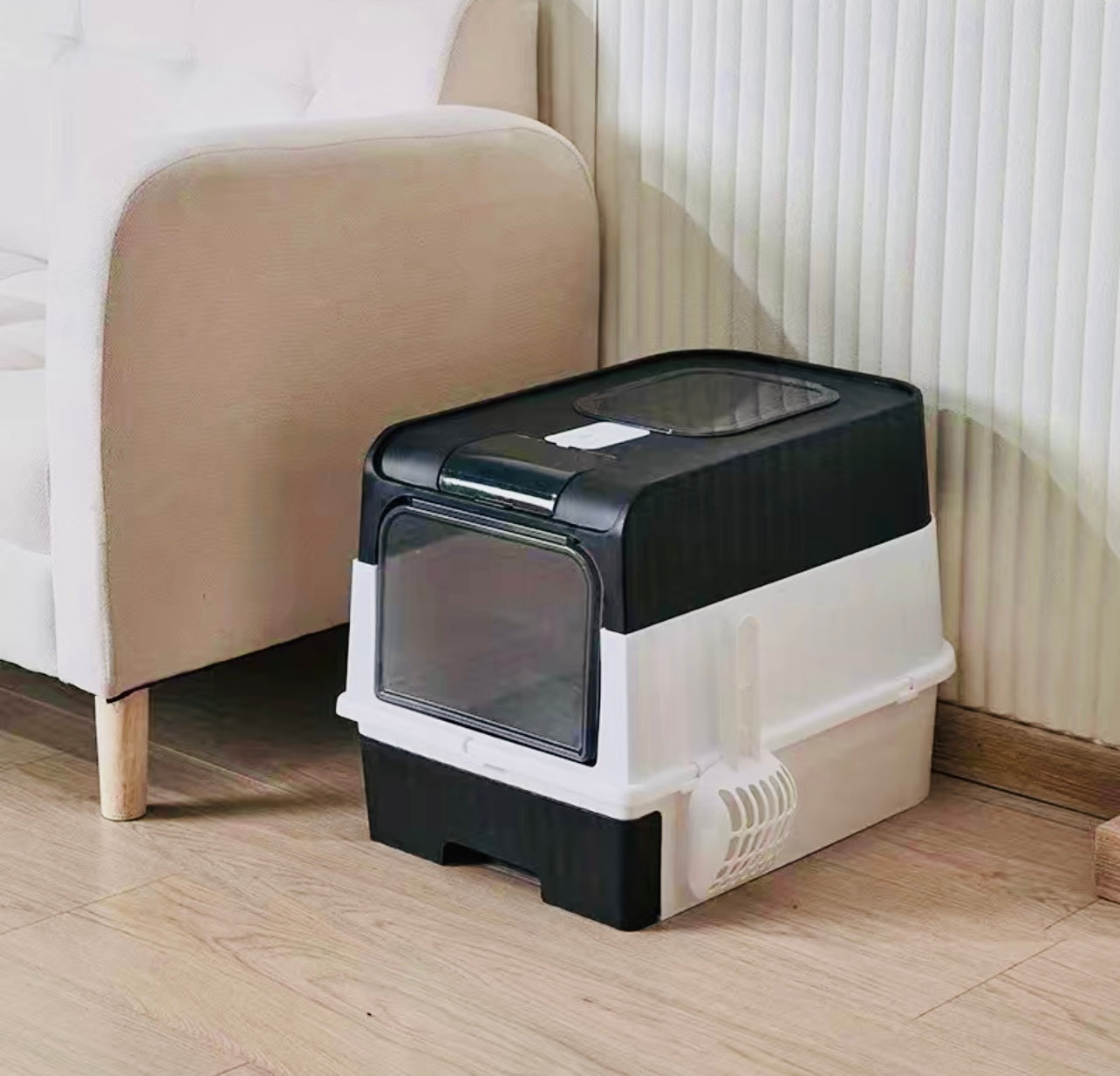 Cat litter drawer with foldable cover and plastic scoop