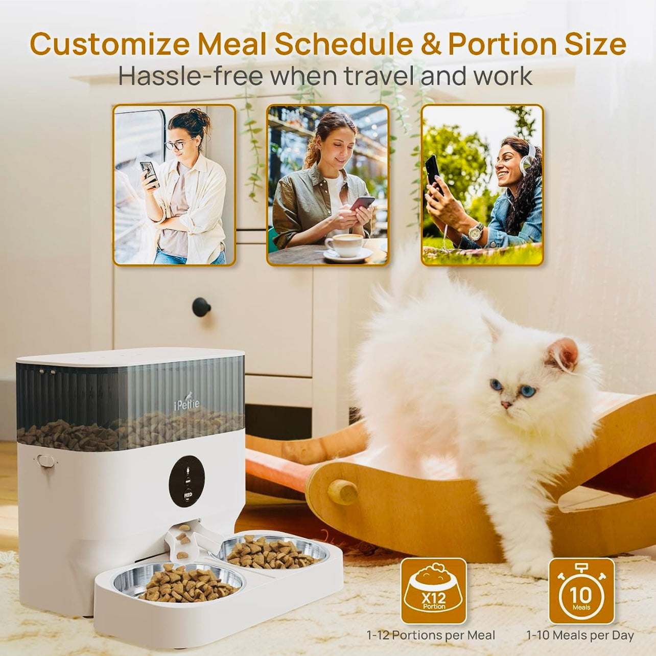 iPettie Automatic WiFi Pet Feeder for 2 Pets, 5L/21 Cup Capacity, 1-10 Meals Per Day, Adjustable Bowl Height, Smart Dog Cat Feeder with 2 Stainless Steel Bowls, Voice Recording, 2.4G WiFi App Control
