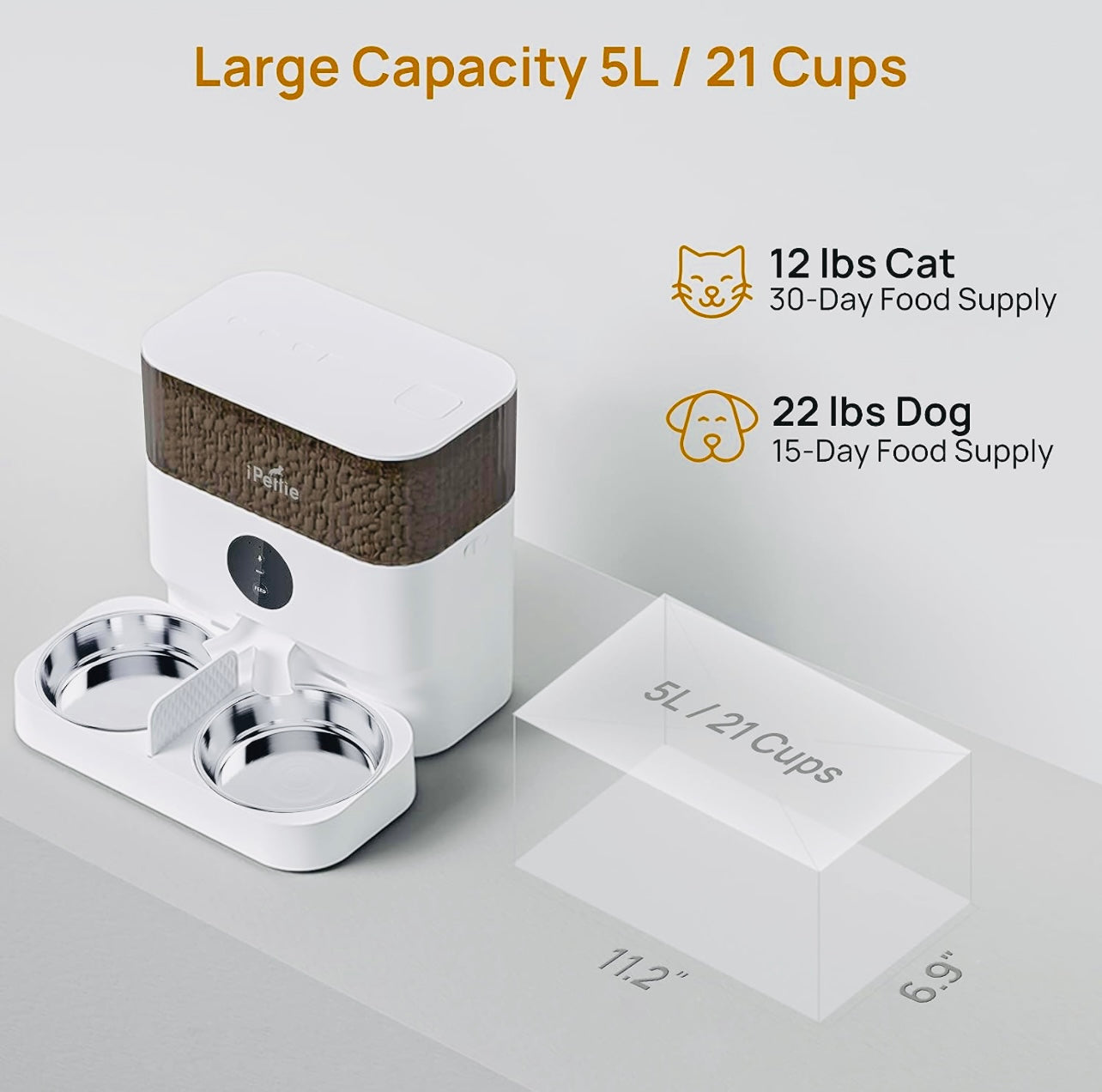 iPettie Automatic WiFi Pet Feeder for 2 Pets, 5L/21 Cup Capacity, 1-10 Meals Per Day, Adjustable Bowl Height, Smart Dog Cat Feeder with 2 Stainless Steel Bowls, Voice Recording, 2.4G WiFi App Control