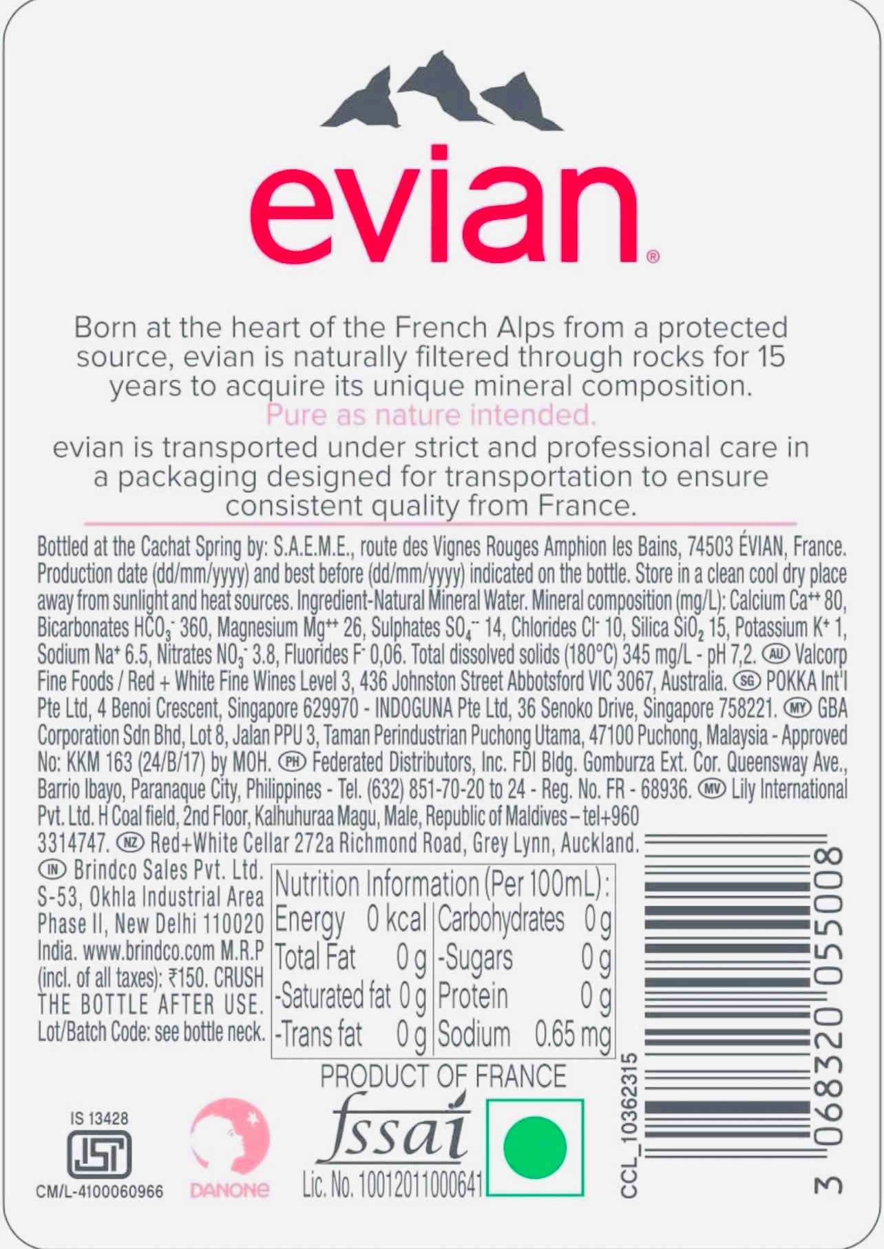 Evian Natural Mineral Water, 12 x 1L