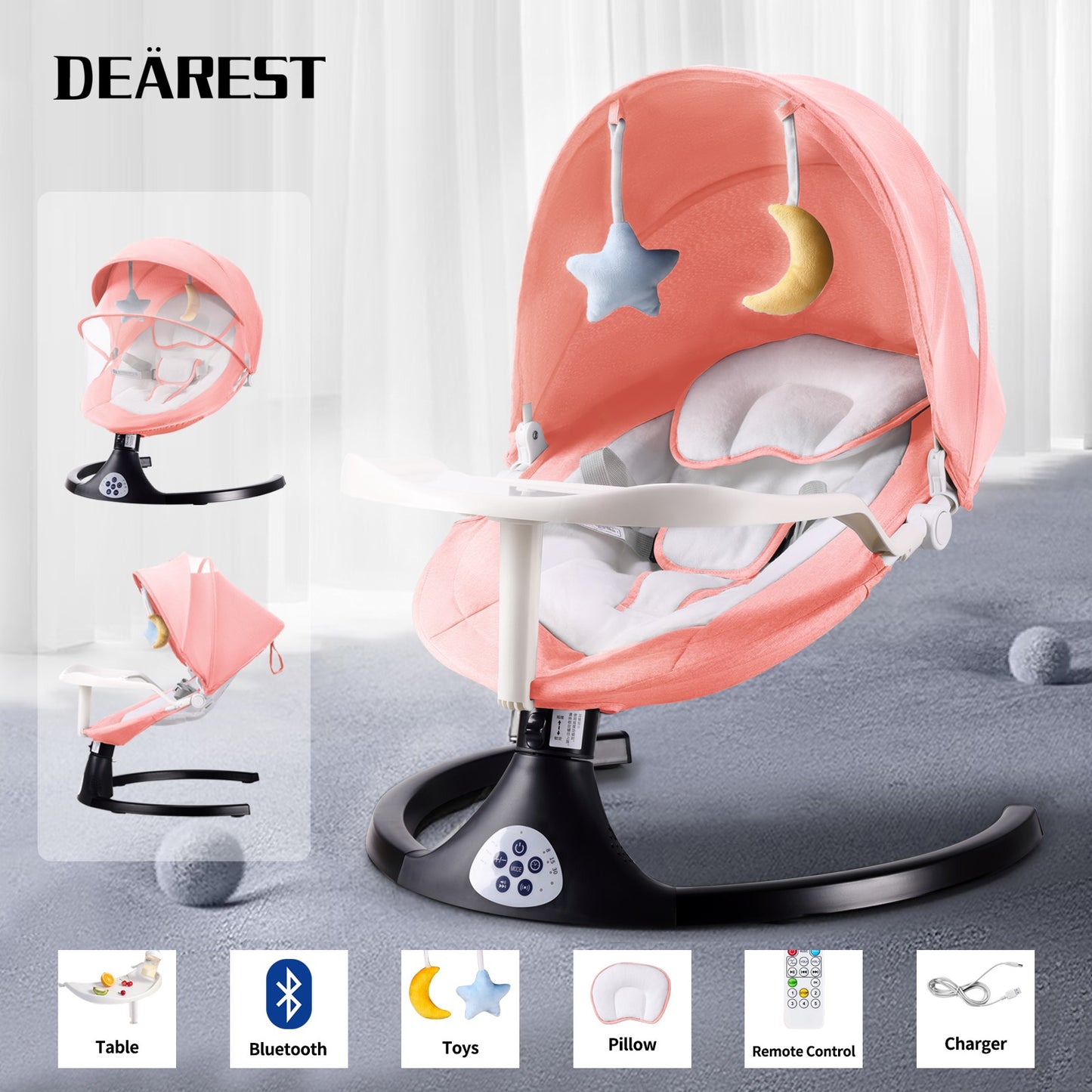 Baby Swing for Infants, 5 Speed Electric Bluetooth Baby Rocker for Newborn, 3 Timer Settings & 10 Pre-Set Lullabies, Portable Baby Swing with Tray and Remote Control for 5-26 lbs, 0-12 Months,Pink