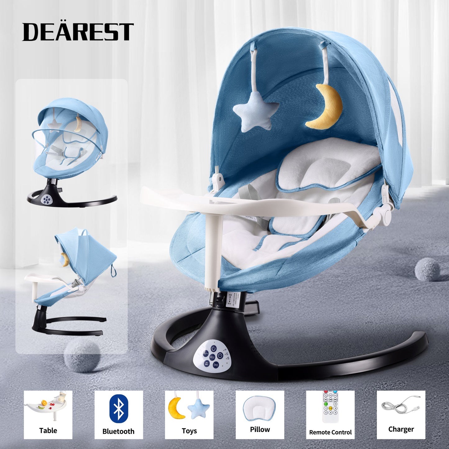 Baby Swing for Infants, 5 Speed Electric Bluetooth Baby Rocker for Newborn, 3 Timer Settings & 10 Pre-Set Lullabies, Portable Baby Rocker with Tray and Remote Control for 5-26 lbs, 0-12 Months,Blue