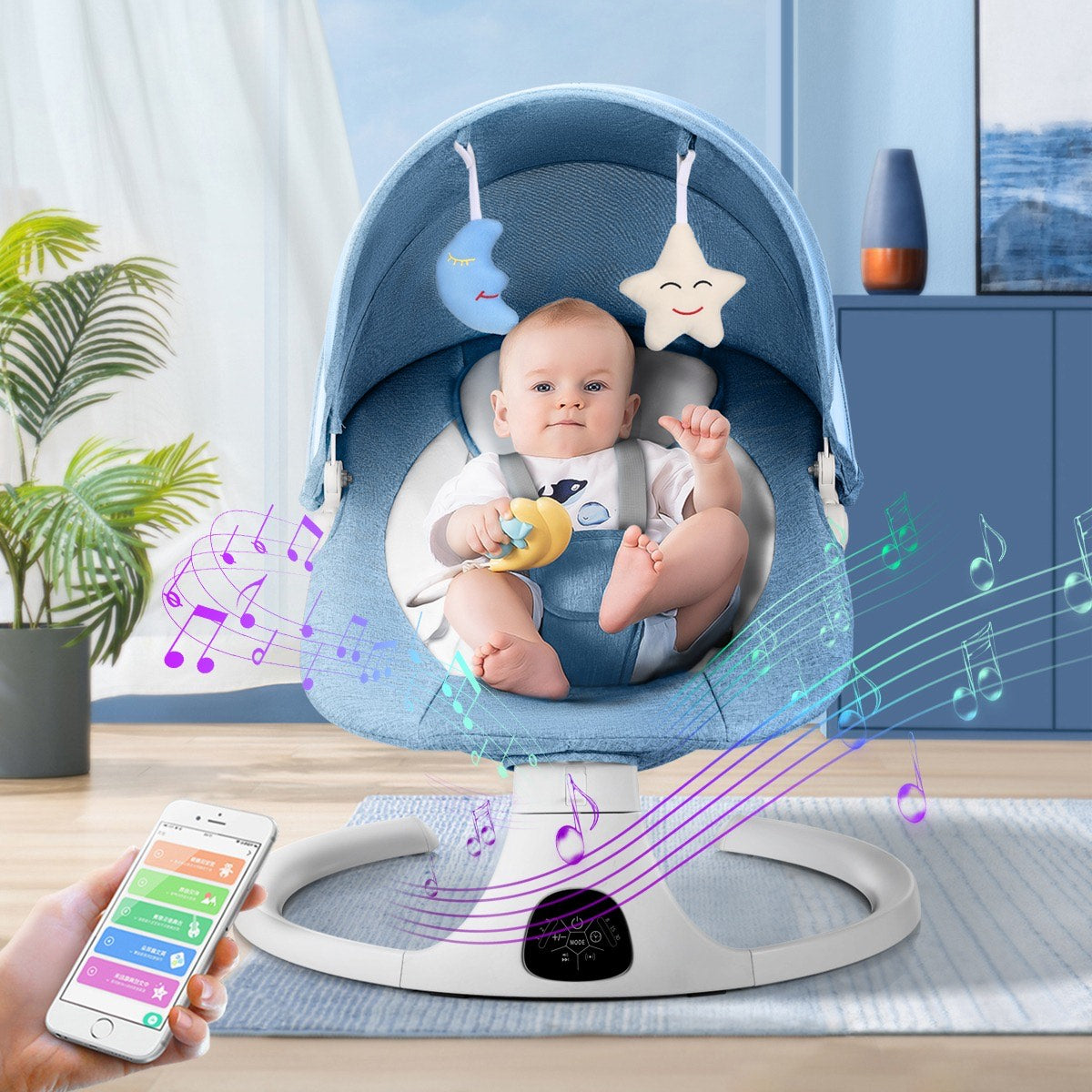 Baby Swing for Infants, 5 Speed Electric Bluetooth Baby Rocker for Newborn, 3 Timer Settings & 10 Pre-Set Lullabies, Portable Baby Rocker with Tray and Remote Control for 5-26 lbs, 0-12 Months,Blue