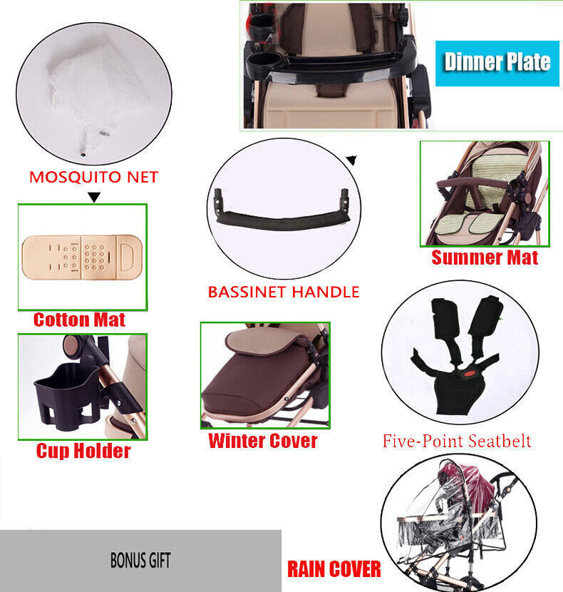Reversible Baby Pram Stroller Bassinet Shock Absorbers Jogger Push Chair 9 in 1