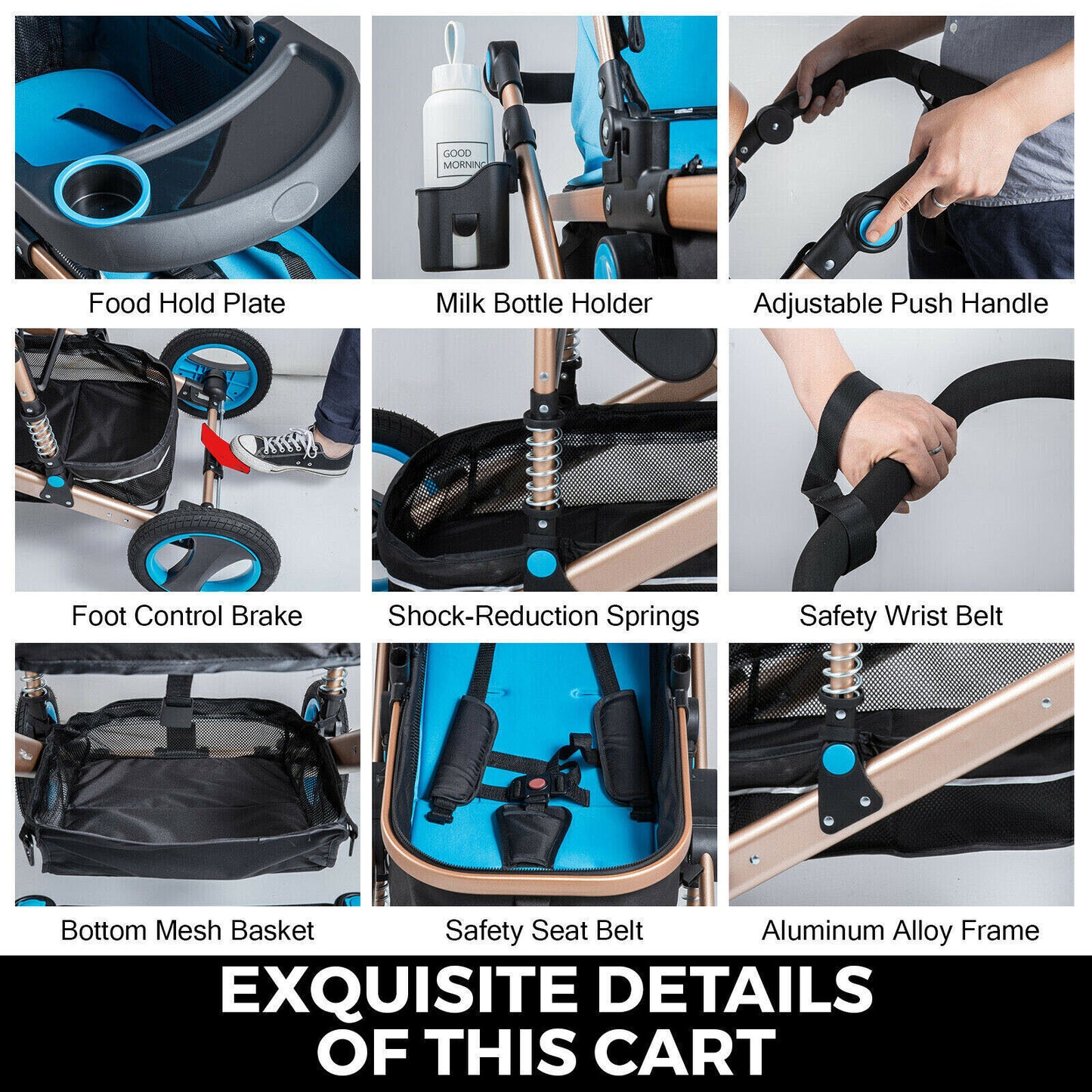 Reversible Baby Pram Stroller Bassinet Shock Absorbers Jogger Push Chair 9 in 1
