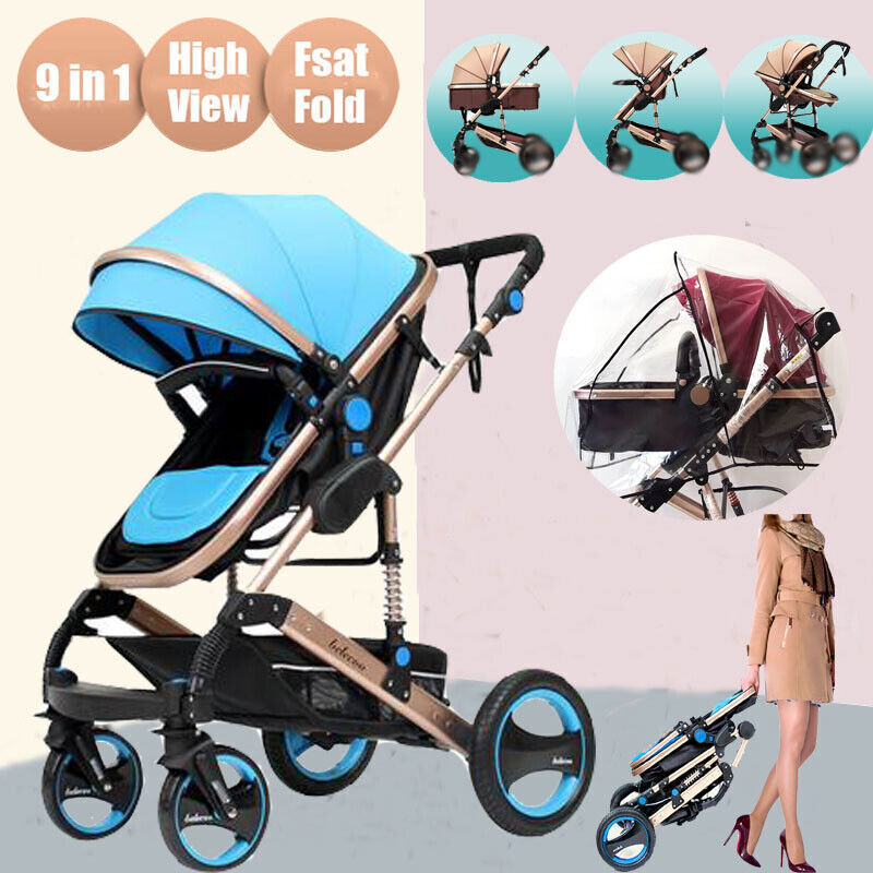 Reversible Baby Pram Stroller Bassinet Shock Absorbers Jogger Push Chair 9 in 1