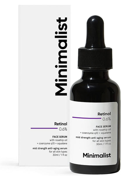 Minimalist Retinol 0.6% Mid-Strength Anti Aging Face Serum For Men & Women, Reduces Fine L ines & Wrinkles, Medium Strength Retinol Formula, 30 ml 1 Ounce (Pack of 1)