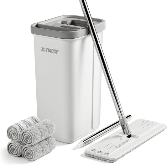 JOYMOOP Mop and Bucket Set with Wringer, Hands Free Flat Mops for Floor Cleaning, 60" Mop with 4 Reusable Microfiber Pads, Wet and Dry Use