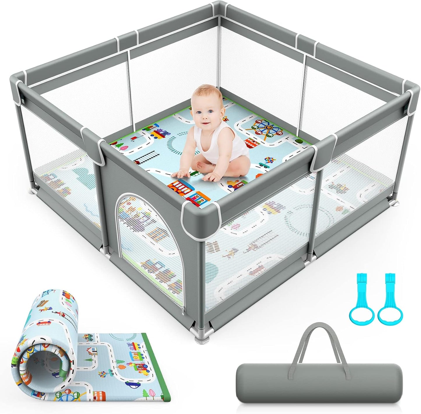 VANCLE Baby Playpen with Mat 127cm x 127cm Playpen for Babies and Toddlers, Gray (127cmx127cm