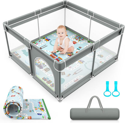VANCLE Baby Playpen with Mat 127cm x 127cm Playpen for Babies and Toddlers, Gray (127cmx127cm