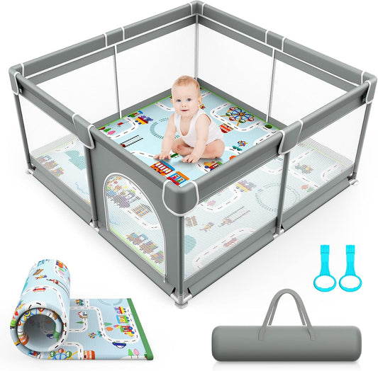 VANCLE Baby Playpen with Mat 127cm x 127cm Playpen for Babies and Toddlers, Gray (127cmx127cm