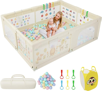 Baby Playpen 200 x 160 cm, Extra-Large Non-Slip Playpens with Patterns, 50 Ocean Balls, 6 Pull Rings (Beige)