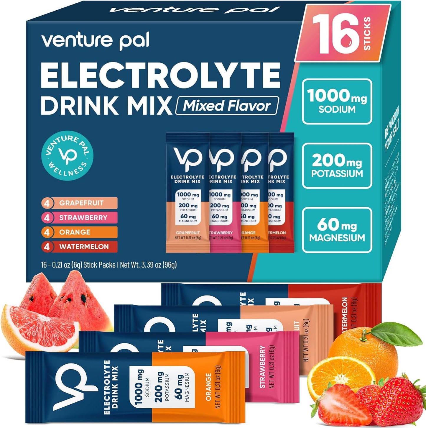 Venture Pal High Sodium Sugar Free Electrolytes Powder Pack,Zero Calories- 16 Sticks