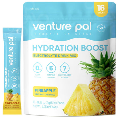 Venture Pal Sugar Free Electrolyte Powder Packets - Liquid Daily IV Drink Mix for Rapid Hydration & Party Recovery | 5 Vitamins & 7 Electrolytes| Keto Friendly | Non-GMO | Certified Vegan | 16 Sticks