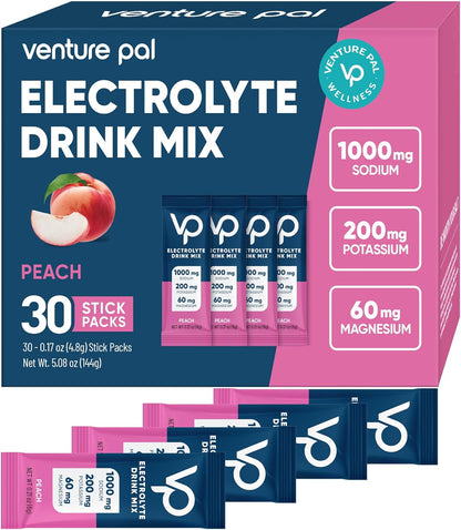 Venture Pal High Sodium Sugar-Free Electrolyte Powder Packets - Hydration Packets with Sodium, Potassium & Magnesium | Zero Calories | Vegan, Keto, and Paleo Friendly | 30 Sticks