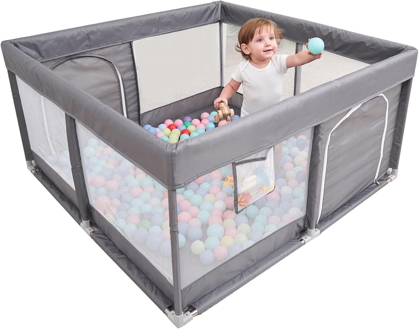 PandaEar Grey Baby Playpen, Large Playpen for Toddlers, Sturdy Baby Play (127×127 cm)