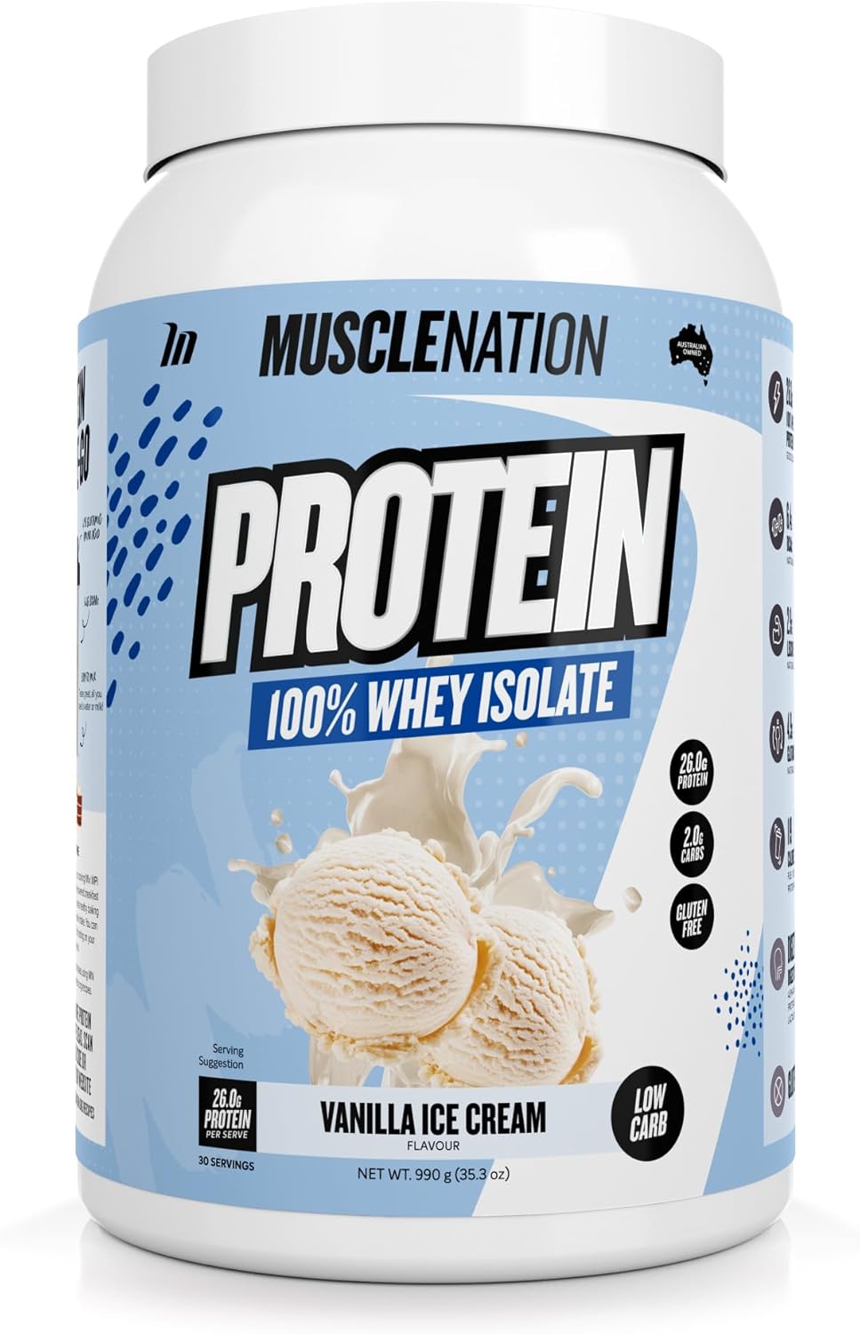 Muscle Nation Vanilla Ice Cream Flavour Whey Protein Isolate 990g (30 Serves)