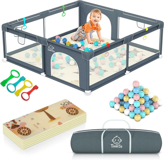 Baby Playpen with Mat 180×150cm, Baby Play Pen Extra-Large Playpens Play Mat with 50 Balls Pit, 4X Handlers, Baby Playmat, Basket Net for Toddler Babies with Breathable Mesh