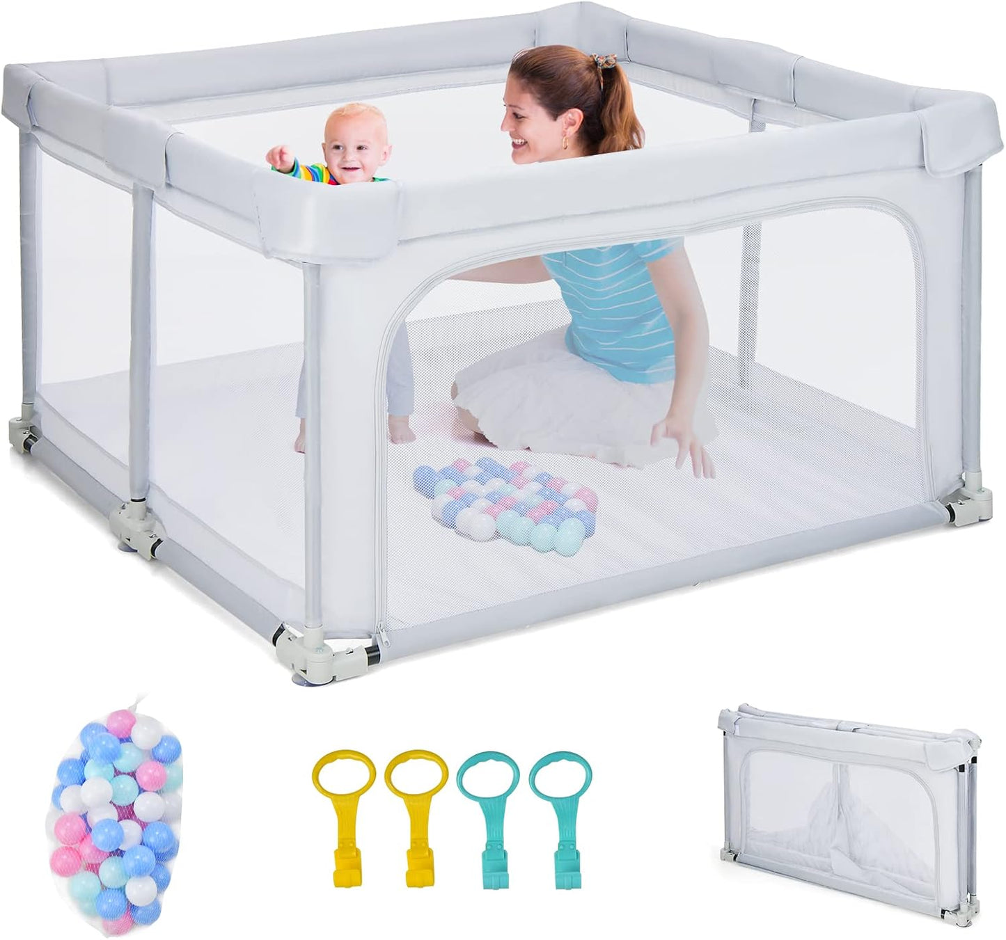 BABY JOY Foldable Baby Playpen, 124 x 124 x 70cm Playpen Activity Center w/50 Balls & 4 Pull Rings (Grey)