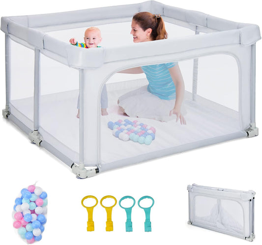 BABY JOY Foldable Baby Playpen, 124 x 124 x 70cm Playpen Activity Center w/50 Balls & 4 Pull Rings (Grey)