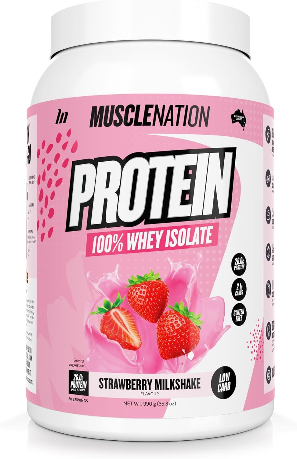 Muscle Nation Strawberry Milkshake Flavour Whey Protein Isolate 990g (30 Serves)