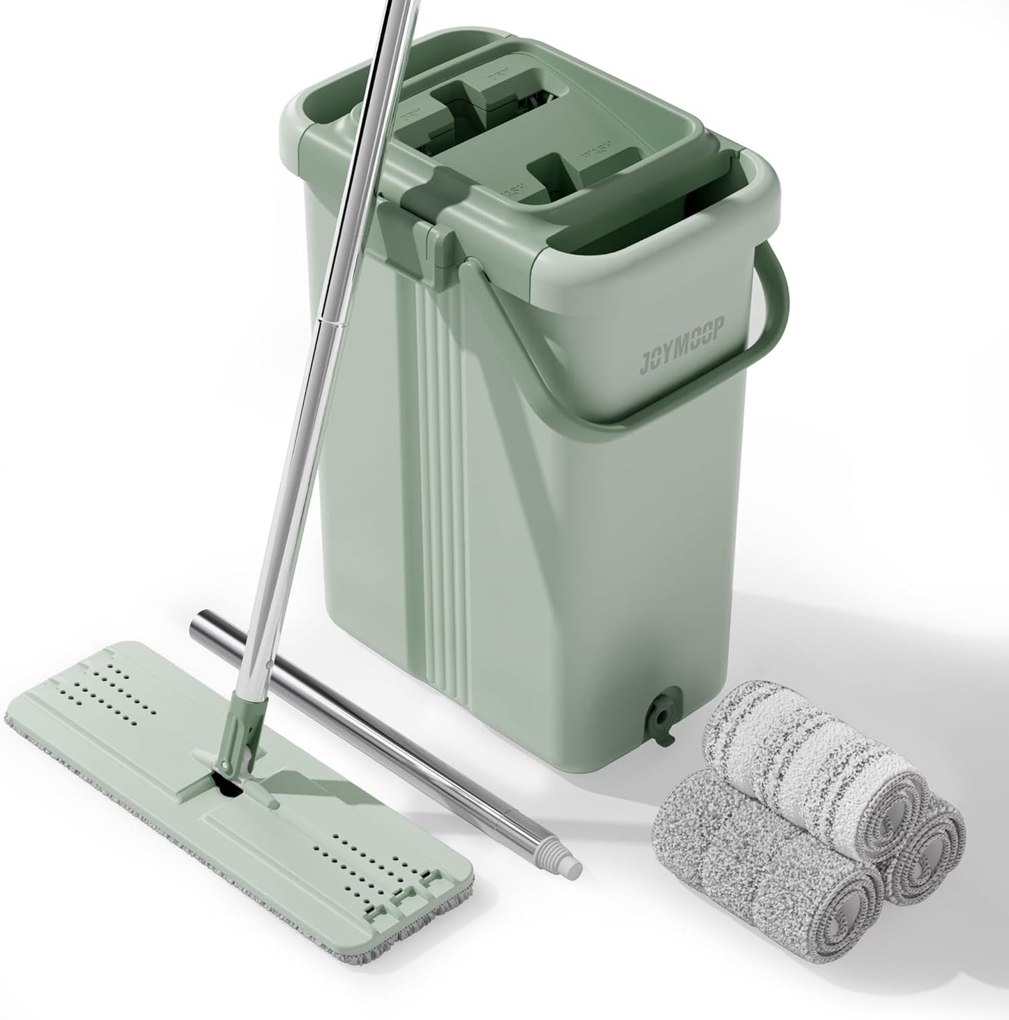 JOYMOOP Mop and Bucket Set with Wringer, Dust Mops for Floor Cleaning, Wall Cleaner with Long Handle, Microfiber Mop - Green Bucket with 3 Reusable 15" Microfiber Pads