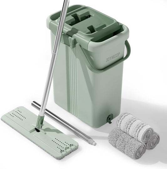 JOYMOOP Mop and Bucket Set with Wringer, Dust Mops for Floor Cleaning, Wall Cleaner with Long Handle, Microfiber Mop - Green Bucket with 3 Reusable 15" Microfiber Pads