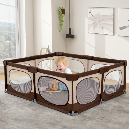 Playpals Baby Playpen, 150x180CM Play Pen for Babies & Toddlers, Large,Brown