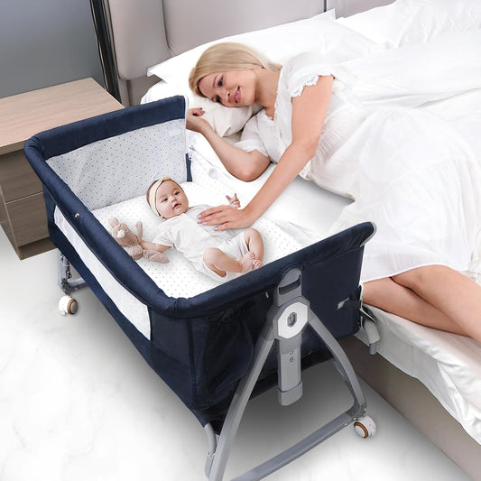 3 in 1 Baby Bassinet, Bedside Sleeper for Baby, Bedside Crib with Wheels & Storage Basket & Mosquito Net, Height Adjustable Baby Bed, Portable Bassinet for Newborn/Infant（Blue）