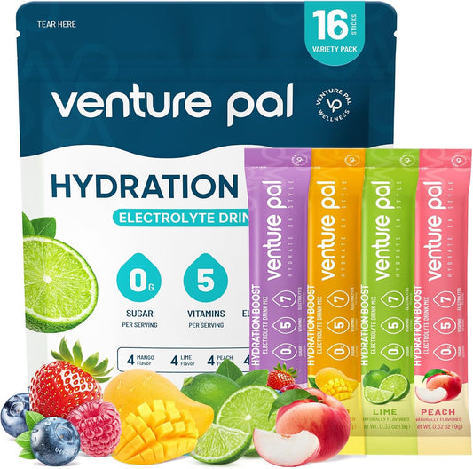 Venture Pal Sugar Free Electrolyte Powder Packets - Liquid Daily IV Hydration Packets| 16 Sticks