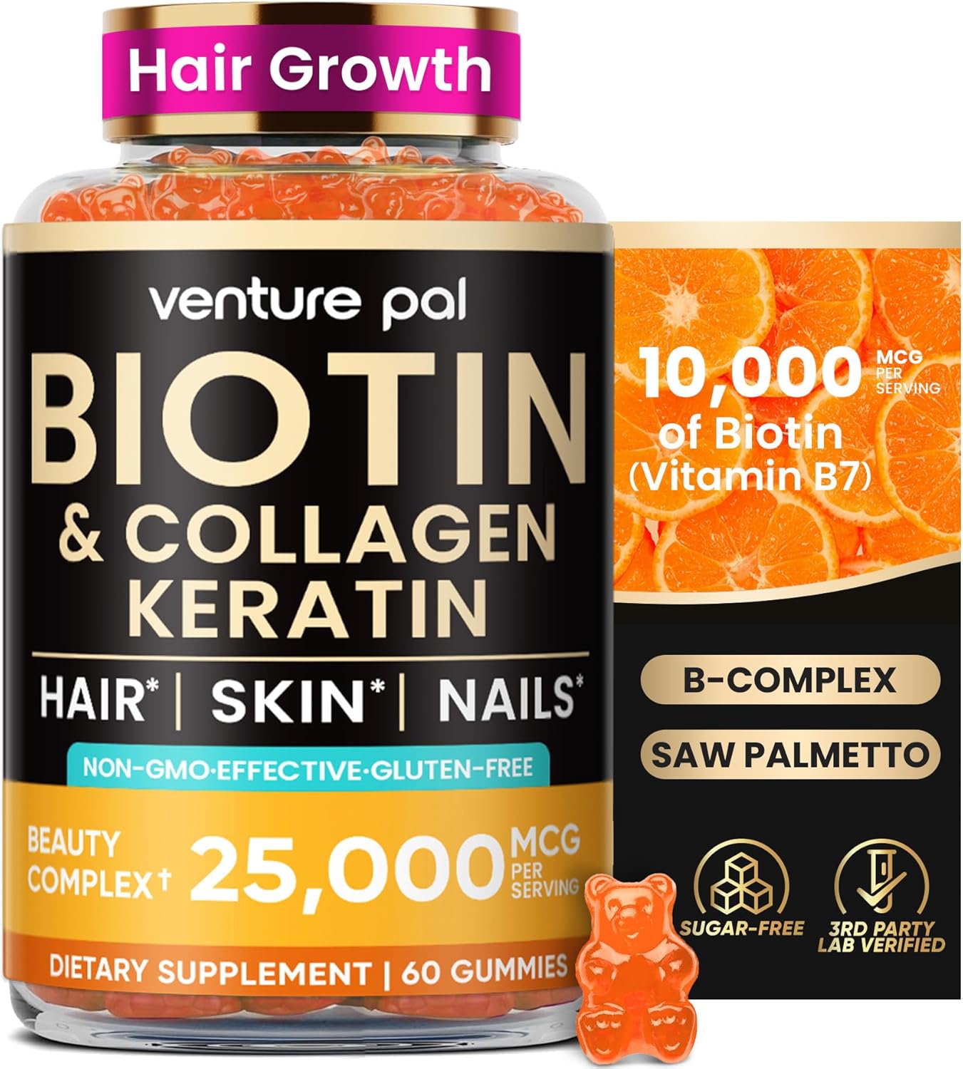 Venture Pal Biotin Gummies with Collagen & Keratin - Hair Growth Support Skin and Nail Strength Vitamins for Women & Men - Biotin 10000mcg
