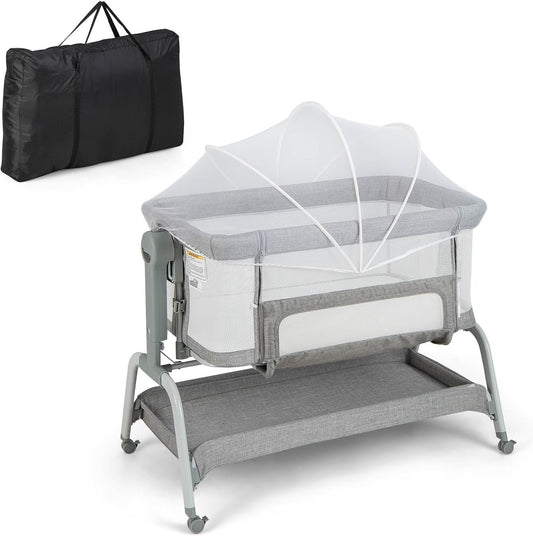 BABY JOY 4 in 1 Baby Bassinet with Mattress, 6 Adjustable Height, Mosquito Net & Lockable Wheels(Light Grey)