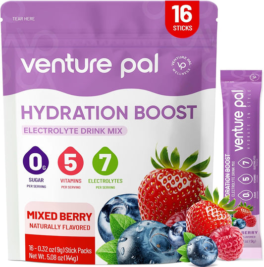 Venture Pal Sugar Free Electrolyte Powder Packets - Liquid Daily IV Hydration Packets | Electrolytes Drink Mix with 5 Vitamins & 7 Electrolytes | Keto Friendly | Non-GMO | Certified Vegan | 16 Sticks