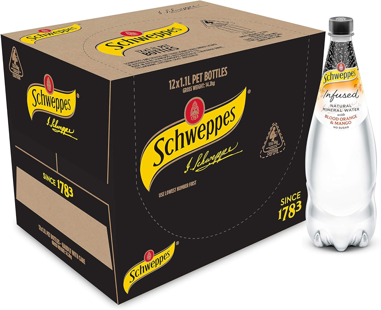 Schweppes Infused Natural Mineral Water with Blood Orange And Mango, 12 x 1.1L