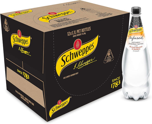 Schweppes Infused Natural Mineral Water with Blood Orange And Mango, 12 x 1.1L