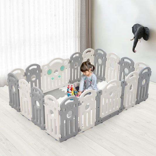 PlayPals Baby Playpen, 18 Panels Baby Play Pen with Lock Door, Adjustable  (Gray + White)
