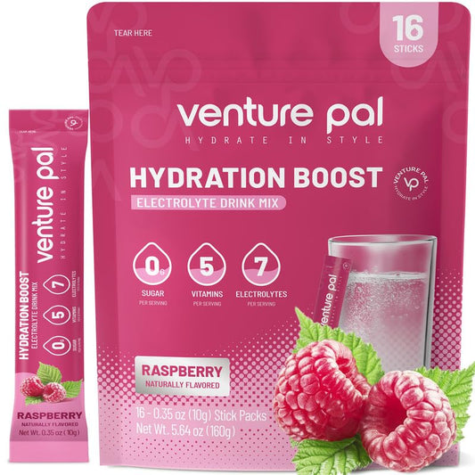 Venture Pal Sugar Free Electrolyte Powder Packets - Liquid Daily IV Drink Mix for Rapid Hydration & Party Recovery | 5 Vitamins & 7 Electrolytes| Keto Friendly | Non-GMO | Certified Vegan | 16 Sticks
