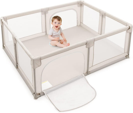 BABY JOY Baby Playpen, 190 x 150 cm Baby Safety Play Yard Activity Center, Extra Large (Beige)