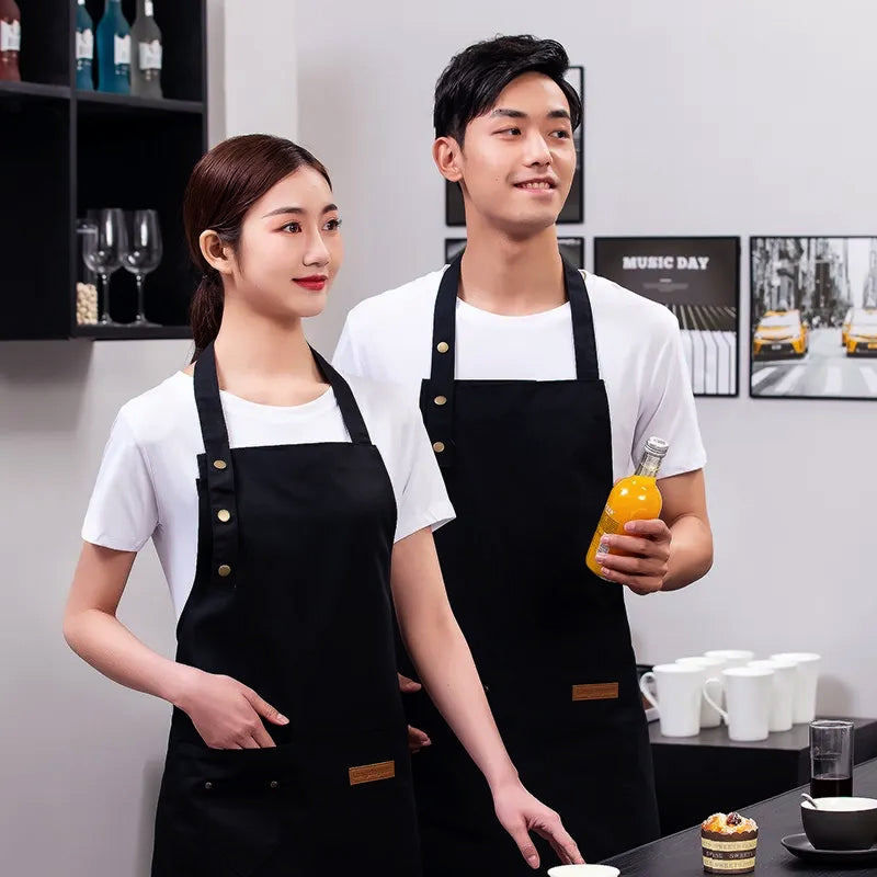 Washable Canvas Butcher and Server Kitchen Cooking Apron Café Uniform Apron with Pockets_4