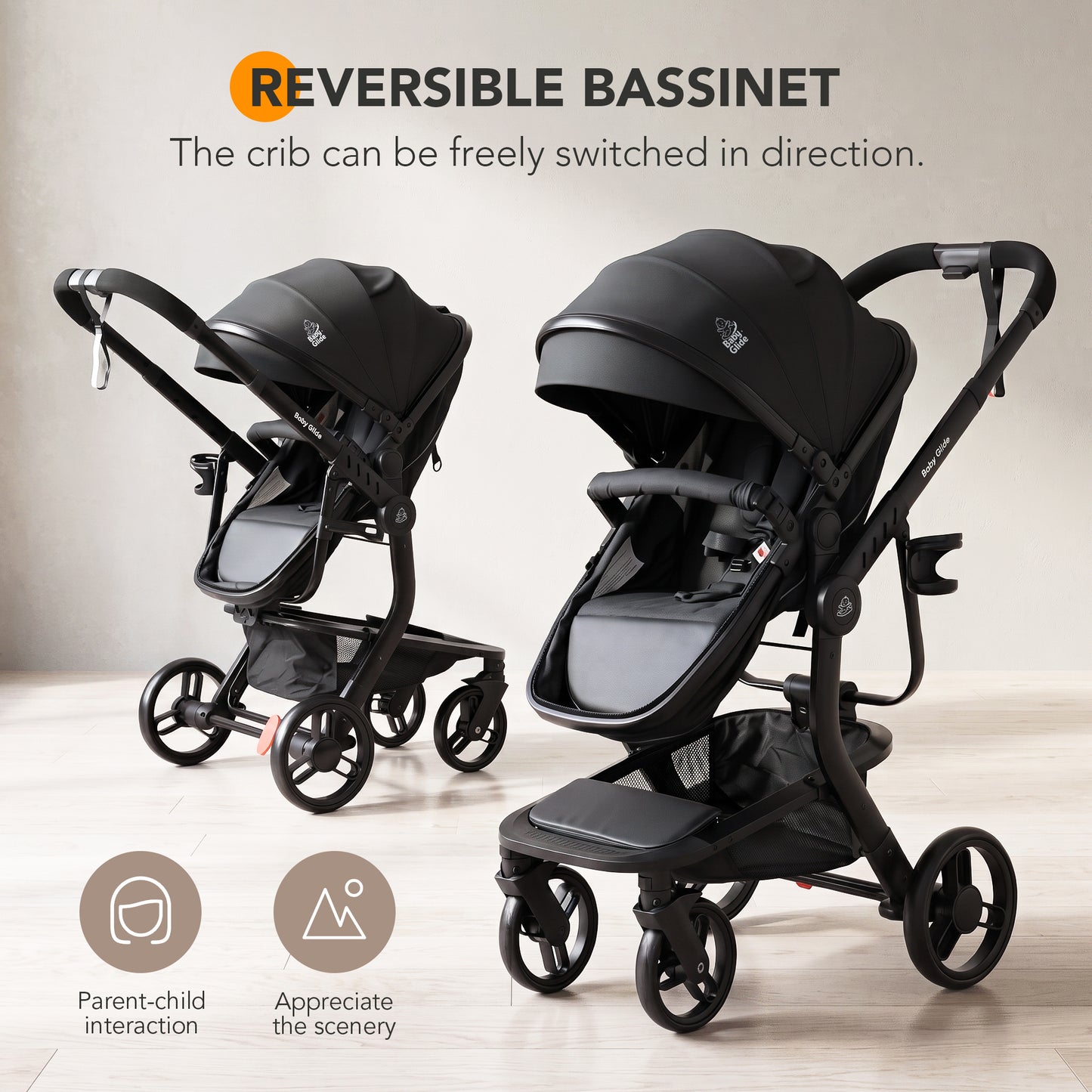 Luxury High Landscape Baby Stroller & Bassinet Travel System | One-Button Fold | High View | Baby Glide Black Stroller