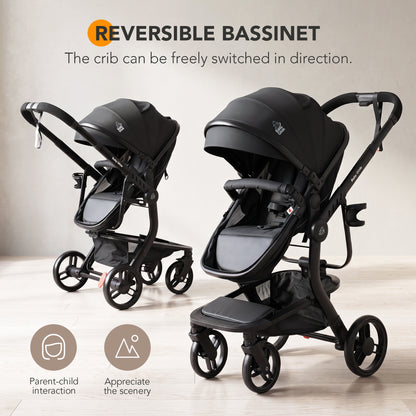 Luxury High Landscape Baby Stroller & Bassinet Travel System | One-Button Fold | High View | Baby Glide Black Stroller