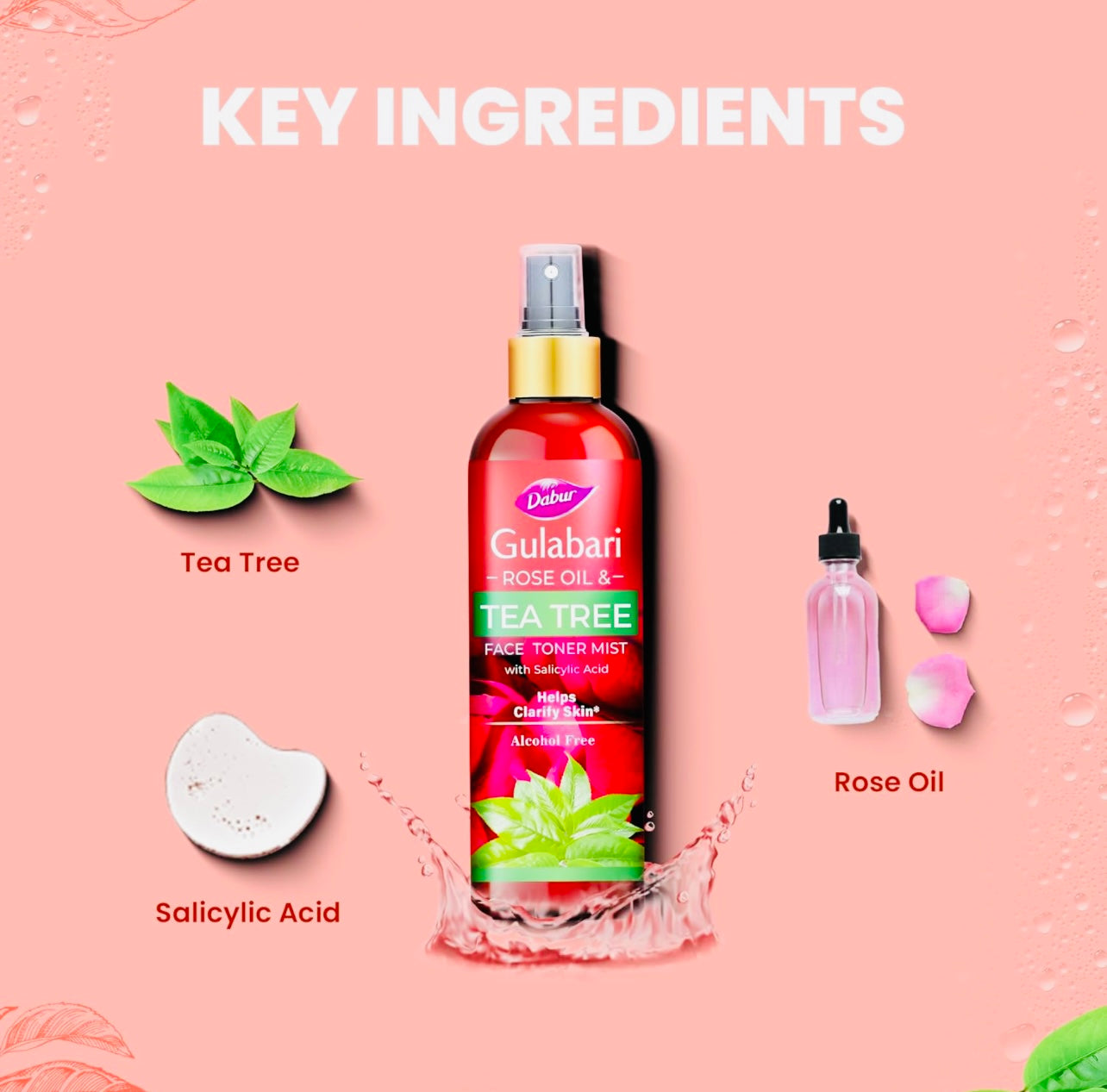 Dabur Gulabari Rose Oil & Tea Tree Face Toner Mist & Rosewater with Salicylic Acid - 200ml | Treats breakouts, blackheads, and whiteheads | Tightens and Refines Pores | Alcohol free