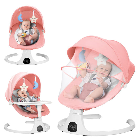 Baby Swings for Infants, Electric Portable Baby Swing for Newborn Baby, Bluetooth Touch Screen/Remote Control Timing Function 5 Swing Speeds 3 Seat Positions Baby Bouncer Girl Pink