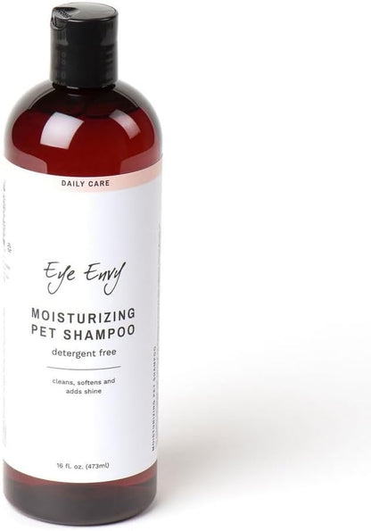 Eye Envy Moisturizing Pet Shampoo. Cleans, softens, adds Shine. Fragrance Free. Detergent Free. Gentle for Everyday use. Glycerin enriched. Safe for Puppies and Kittens. 16oz